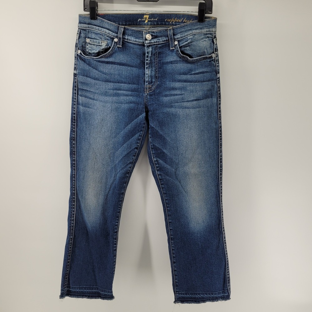 7 For All Mankind Cropped Boot Jeans‎ Womens 29 Blue Raw Hem Stretch Denim